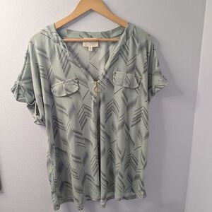 Flower & Feather Geometric Zip-Front Top, Size 2XL